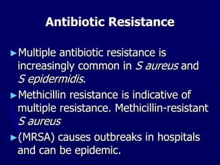 Antibiotic Resistance
►Multiple antibiotic resistance is
increasingly common in S aureus and
S epidermidis.
►Methicillin resistance is indicative of
multiple resistance. Methicillin-resistant
S aureus
►(MRSA) causes outbreaks in hospitals
and can be epidemic.
 