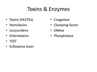 Toxins & Enzymes
• Toxins (HLETEx)
• Hemolysins
• Leucocidens
• Enterotoxins
• TSST
• Exfloiative toxin
• Coagulase
• Clumping factor
• DNAse
• Phosphatase
 