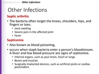 Other Infections
Septic arthritis
• The bacteria often target the knees, shoulders, hips, and
fingers or toes.
• Joint swelling
• Severe pain in the affected joint
• Fever
Septicemia
• Also known as blood poisoning,
• occurs when staph bacteria enter a person's bloodstream.
A fever and low blood pressure are signs of septicemia.
• Internal organs, such as your brain, heart or lungs
• Bones and muscles
• Surgically implanted devices, such as artificial joints or cardiac
pacemakers
Staphylococcus – Other Infections
 