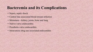 Bacteremia and its Complications
• Sepsis, septic shock
• Central line associated blood stream infection
• Metastasis - kidney, joints, bone and lung
• Native-valve endocarditis
• Prosthetic-valve endocarditis
• Intravenous drug use associated endocarditis
 