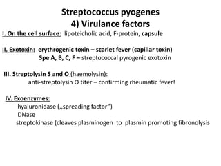 Streptococcus pyogenes
4) Virulance factors
I. On the cell surface: lipoteicholic acid, F-protein, capsule
II. Exotoxin: erythrogenic toxin – scarlet fever (capillar toxin)
Spe A, B, C, F – streptococcal pyrogenic exotoxin
III. Streptolysin S and O (haemolysin):
anti-streptolysin O titer – confirming rheumatic fever!
IV. Exoenzymes:
hyaluronidase (,,spreading factor”)
DNase
streptokinase (cleaves plasminogen to plasmin promoting fibronolysis
 