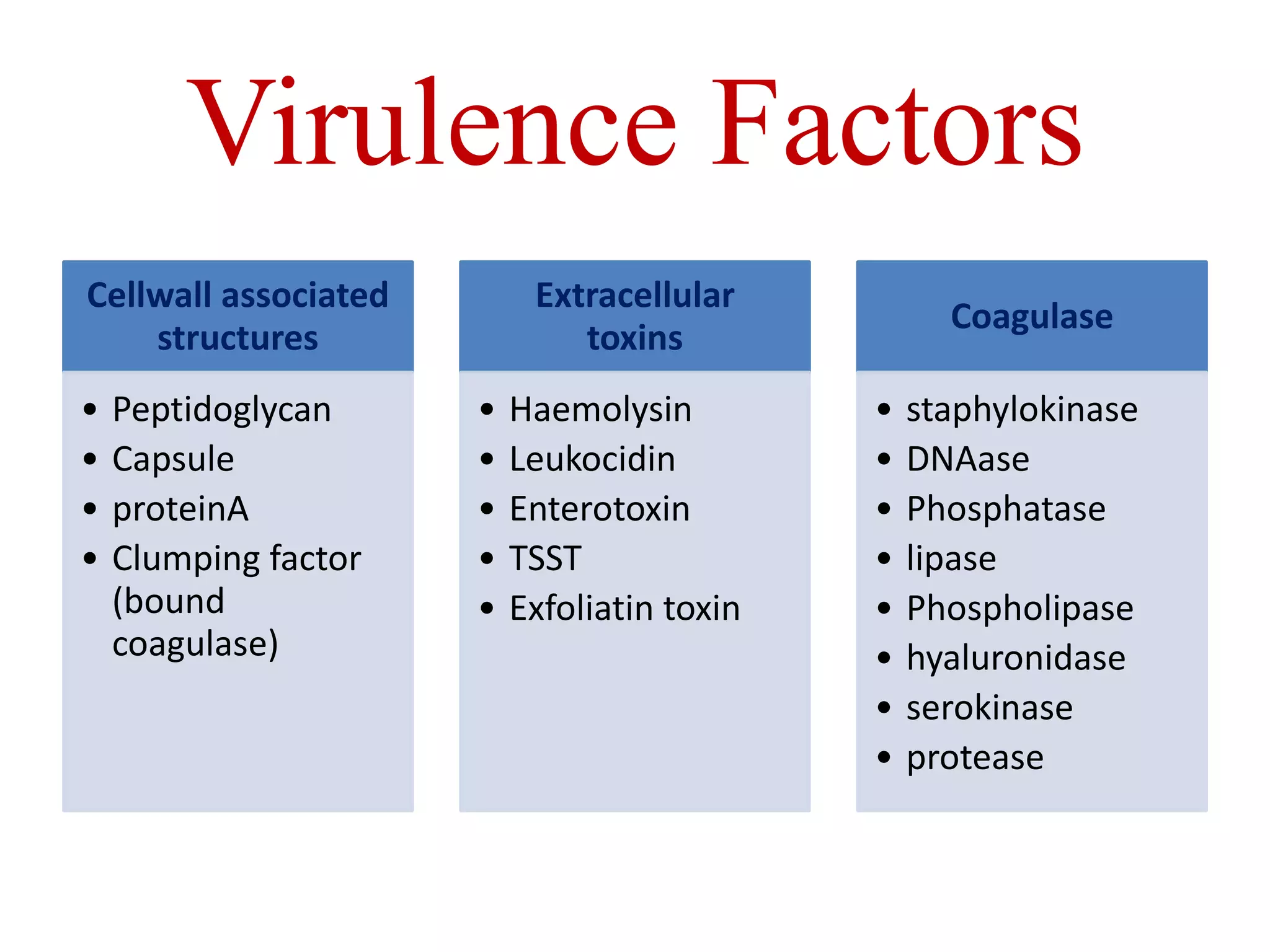 Virulence Factors
Cellwall associated
structures
• Peptidoglycan
• Capsule
• proteinA
• Clumping factor
(bound
coagulase)
Extracellular
toxins
• Haemolysin
• Leukocidin
• Enterotoxin
• TSST
• Exfoliatin toxin
Coagulase
• staphylokinase
• DNAase
• Phosphatase
• lipase
• Phospholipase
• hyaluronidase
• serokinase
• protease
 