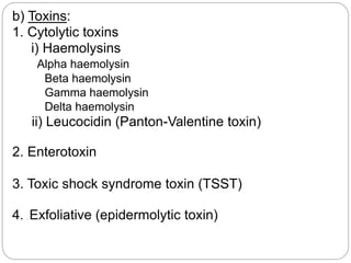 b) Toxins:
1. Cytolytic toxins
i) Haemolysins
Alpha haemolysin
Beta haemolysin
Gamma haemolysin
Delta haemolysin
ii) Leucocidin (Panton-Valentine toxin)
2. Enterotoxin
3. Toxic shock syndrome toxin (TSST)
4. . Exfoliative (epidermolytic toxin)
 