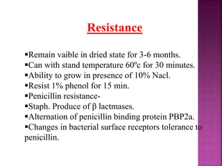 Resistance
Remain vaible in dried state for 3-6 months.
Can with stand temperature 60ºc for 30 minutes.
Ability to grow in presence of 10% Nacl.
Resist 1% phenol for 15 min.
Penicillin resistance-
Staph. Produce of β lactmases.
Alternation of penicillin binding protein PBP2a.
Changes in bacterial surface receptors tolerance to
penicillin.
 