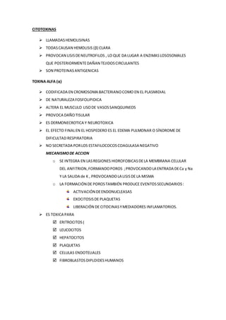CITOTOXINAS
 LLAMADASHEMOLISINAS
 TODASCAUSAN HEMOLISIS (β) CLARA
 PROVOCAN LISISDENEUTROFILOS , LO QUE DA LUGAR A ENZIMASLOSOSOMALES
QUE POSTERIORMENTEDAÑAN TEJIDOSCIRCULANTES
 SON PROTEINASANTIGENICAS
TOXINA ALFA (α)
 CODIFICADA EN CROMOSOMA BACTERIANOCOMO EN EL PLASMIDIAL
 DE NATURALEZA FOSFOLIPIDICA
 ALTERA EL MUSCULO LISODE VASOSSANQGUINEOS
 PROVOCA DAÑOTISULAR
 ES DERMONECROTICA Y NEUROTOXICA
 EL EFECTO FINALEN EL HOSPEDERO ES EL EDEMA PULMONAR O SÍNDROME DE
DIFICULTAD RESPIRATORIA
 NO SECRETADA PORLOS ESTAFILOCOCOSCOAGULASA NEGATIVO
MECANISMODE ACCION
o SE INTEGRA EN LASREGIONES HIDROFOBICASDELA MEMBRANA CELULAR
DEL ANFITRION,FORMANDOPOROS ;PROVOCANDOLA ENTRADA DECa y Na
Y LA SALIDA de K , PROVOCANDOLA LISISDE LA MISMA
o LA FORMACIÓN DE POROSTAMBIÉN PRODUCE EVENTOSSECUNDARIOS:
ACTIVACIÓN DEENDONUCLEASAS
EXOCITOSISDE PLAQUETAS
LIBERACIÓN DE CITOCINASYMEDIADORES INFLAMATORIOS.
 ES TOXICA PARA
 ERITROCITOS(
 LEUCOCITOS
 HEPATOCITOS
 PLAQUETAS
 CELULAS ENDOTELIALES
 FIBROBLASTOS DIPLOIDESHUMANOS
 
