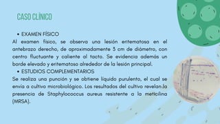 EXAMEN FÍSICO
Al examen físico, se observa una lesión eritematosa en el
antebrazo derecho, de aproximadamente 3 cm de diámetro, con
centro fluctuante y caliente al tacto. Se evidencia además un
borde elevado y eritematoso alrededor de la lesión principal.
ESTUDIOS COMPLEMENTARIOS
Se realiza una punción y se obtiene líquido purulento, el cual se
envía a cultivo microbiológico. Los resultados del cultivo revelan la
presencia de Staphylococcus aureus resistente a la meticilina
(MRSA).
Caso clínico
 