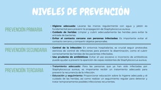 Prevención secundaria
Control de la infección: En entornos hospitalarios, es crucial seguir protocolos
estrictos de control de infecciones para prevenir la diseminación, como el cubrir
correctamente las heridas de los pacientes infectados.
Uso prudente de antibióticos: Evitar el uso excesivo e incorrecto de antibióticos
puede ayudar a prevenir la aparición de cepas resistentes de Staphylococcus aureus.
NIVELES DE PREVENCIÓN
Prevención primaria
Prevención terciaria
Tratamiento adecuado: Para las personas que ya han sido infectadas por
Staphylococcus aureus, es importante recibir un tratamiento adecuado para
prevenir la recurrencia de la infección.
Educación y seguimiento: Proporcionar educación sobre la higiene adecuada y el
cuidado de las heridas, así como realizar un seguimiento regular para detectar y
tratar tempranamente posibles infecciones recurrentes.
Higiene adecuada: Lavarse las manos regularmente con agua y jabón es
fundamental para prevenir la propagación de Staphylococcus aureus.
Cuidado de heridas: Limpiar y cubrir adecuadamente las heridas para evitar la
entrada de bacterias.
Evitar el contacto cercano con personas infectadas: Es importante evitar el
contacto cercano y compartir objetos personales.
 