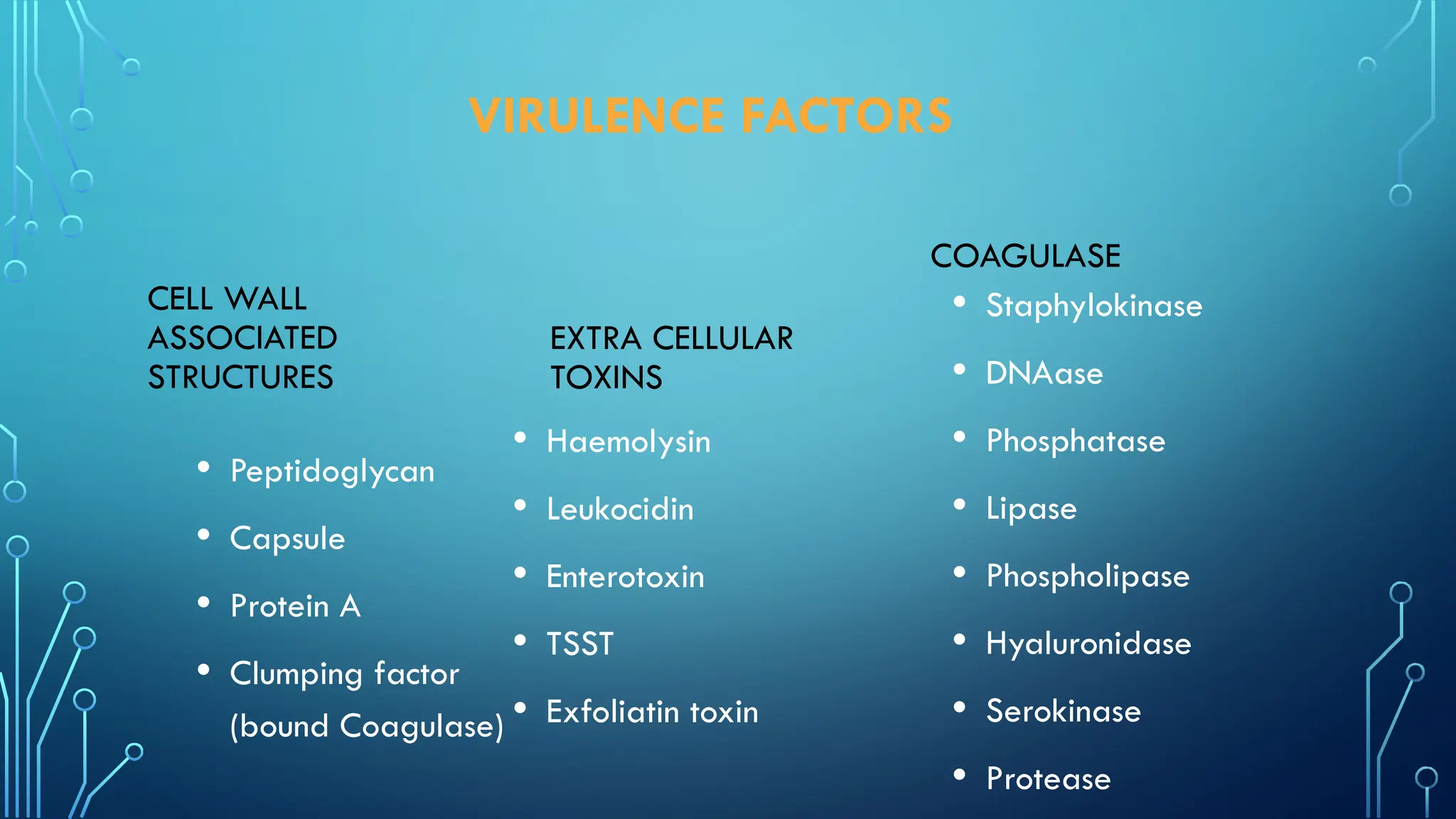 VIRULENCE FACTORS
CELL WALL
ASSOCIATED
STRUCTURES
• Peptidoglycan
• Capsule
• Protein A
• Clumping factor
(bound Coagulase)
EXTRA CELLULAR
TOXINS
• Haemolysin
• Leukocidin
• Enterotoxin
• TSST
• Exfoliatin toxin
COAGULASE
• Staphylokinase
• DNAase
• Phosphatase
• Lipase
• Phospholipase
• Hyaluronidase
• Serokinase
• Protease
 