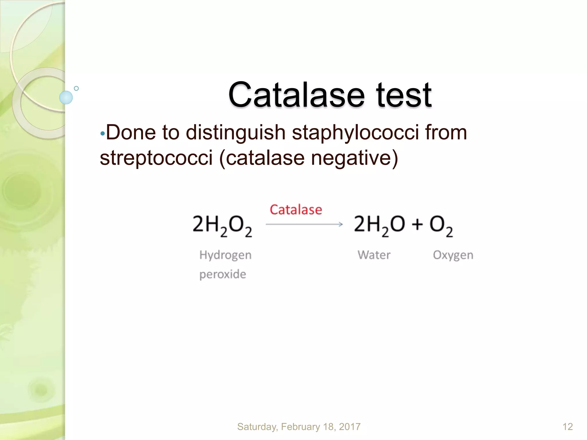 Catalase test
•Done to distinguish staphylococci from
streptococci (catalase negative)
Saturday, February 18, 2017 12
 
