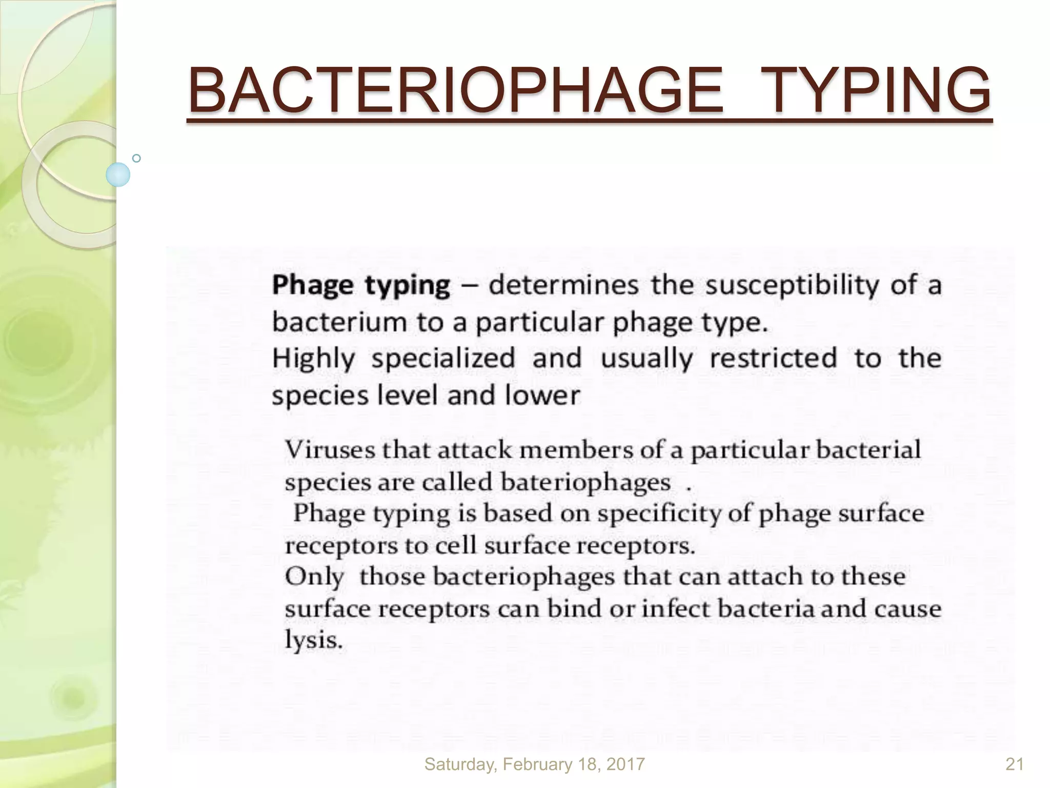 BACTERIOPHAGE TYPING
Saturday, February 18, 2017 21
 