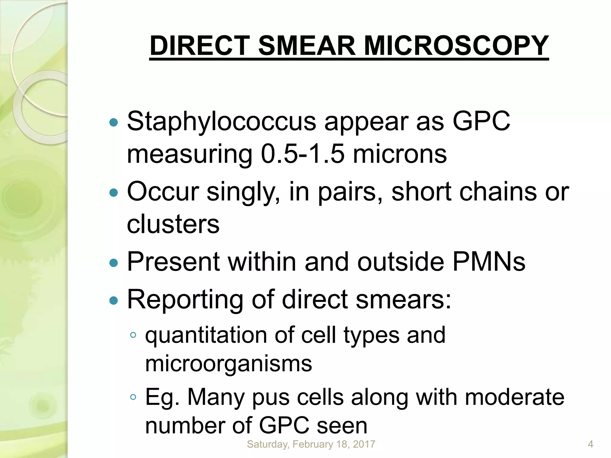 DIRECT SMEAR MICROSCOPY
 Staphylococcus appear as GPC
measuring 0.5-1.5 microns
 Occur singly, in pairs, short chains or
clusters
 Present within and outside PMNs
 Reporting of direct smears:
◦ quantitation of cell types and
microorganisms
◦ Eg. Many pus cells along with moderate
number of GPC seen
Saturday, February 18, 2017 4
 