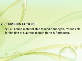 2. CLUMPING FACTORS
 Cell bound material able to bind fibrinogen, responsible
for binding of S.aureus to both fibrin & fibrinogen.
 