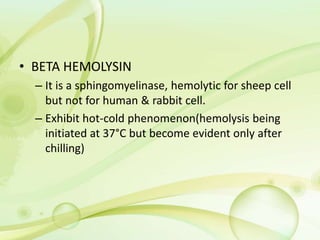 • BETA HEMOLYSIN
– It is a sphingomyelinase, hemolytic for sheep cell
but not for human & rabbit cell.
– Exhibit hot-cold phenomenon(hemolysis being
initiated at 37°C but become evident only after
chilling)
 