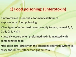 1) Food poisoning: (Enterotoxin)
•Enterotoxin is responsible for manifestations of
staphylococcal food poisoning.
•Nine types of enterotoxin are currently known, named A, B,
C1-3, D, E, H & I.
•It usually occurs when preformed toxin is ingested with
contaminated food.
•The toxin acts directly on the autonomic nervous system to
cause the illness, rather than gut mucosa.
 
