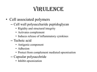 virulence
• Cell associated polymers
– Cell wall polysaccharide peptidoglycan
• Rigidity and structural integrity
• Activates complement
• Induces release of inflammatory cytokines
– Techoic acid
• Antigenic component
• Adhesion
• Protect from complement mediated opsonisation
– Capsular polysacchride
• Inhibit opsonization
 