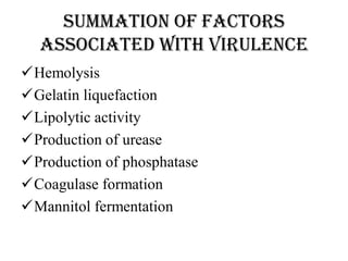 Summation of Factors
associated with virulence
Hemolysis
Gelatin liquefaction
Lipolytic activity
Production of urease
Production of phosphatase
Coagulase formation
Mannitol fermentation
 