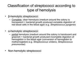 Classification of streptococci according to
type of hemolysis
• β-hemolytic streptococci:
– Complete, clear hemolysis (medium around the colony is
transparent = bacterial growth produced complete digestion of
red blood cells in the blood agar) e.g. Streptococcus pyogenes
• α-hemolytic streptococci:
– partial hemolysis (medium around the colony is translucent and
greenish = bacterial growth produced incomplete digestion of
hemoglobin in the blood agar (conversion of hemoglobin to
methemoglobin) e.g. Streptococcus viridans, Streptococcus
pneumoniae)
• Non-hemolytic streptococci
 