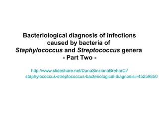 Bacteriological diagnosis of infections
caused by bacteria of
Staphylococcus and Streptococcus genera
- Part Two -
http://www.slideshare.net/DanaSinzianaBreharCi/
staphylococcus-streptococcus-bacteriological-diagnosisii-45259850
 