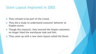 Store Layout Improved in 2002 
 They refused to be part of the crowd. 
 They did a study to understand consumer behavior at 
Staples stores. 
 Though the research, they learned the Staple customers 
no longer liked the warehouse look and feel. 
 They came up with a new store layout called the Dover. 
 