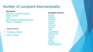 Number of Locations Internationally: 
Asia Pacific 
Australia - Corporate Express 
China - Staples 
India 
New Zealand - Corporate Express 
Taiwan - UB Staples 
 South America 
 Argentina - Staples 
 Brazil - Staples 
European Contract 
Austria 
Belgium 
Denmark 
Finland 
France 
Germany 
Ireland 
Italy 
Luxembourg 
Netherlands 
Norway 
Poland 
Spain 
Sweden 
United Kingdom 
 
