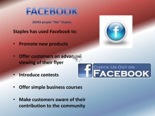 26943 people “like” Staples

Staples has used Facebook to:

• Promote new products

• Offer customers an advanced
  viewing of their flyer

• Introduce contests

• Offer simple business courses

• Make customers aware of their
  contribution to the community
 