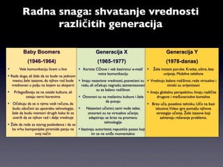 Radna snaga: shvatanje vrednosti
               različitih generacija

         Baby Boomers                                   Generacija X                                 Generacija Y
            (1946-1964)                                  (1965-1977)                                (1978-danas)
      Vole komunikaciju licem u lice         Koriste CDove i veb baziranu/ e-mail/       Žele instant poruke. Kratke, oštre, bez
                                                        voice komunikaciju                         uvijanja. Mobilne telefone
 Rade dugo, ali žele da to bude na jednom
   mestu; žele izazove, da njihov rad bude  Imaju nezavisne vrednosti, posvećeni su  Vrednuju balans rad/život, rade virtualno i
  vrednovan u polju na kojem su eksperti      radu, ali očekuju nagradu; zainteresovani              timski su orijentisani
                                                         su za balans rad/život
 Prilagođavaju se na ostale kulture, ali                                                Imaju globalnu perspektivu. Imaju različite
            ostaju verni korenima             Otvoreni su na mešavinu kulture i žele         drugove i međunarodne kontakte
                                                               da putuju
 Očekuju da se o njima vodi računa, da                                                  Brzo uče, posebno tehniku. Uče na bazi
   budu obučeni za upotrebu tehnologije;        Nezavisni učenici; sami vode sebe;          iskustva.Video igre pomažu njihove
   žele da budu mentori drugih kako bi se         otvoreni su na virtuelno učenje;            strategije učenja. Žele izazove koji
   uverili da se njihov rad i dalje vrednuje      adaptiraju se brzo na promenu                 zahtevaju rešavanje problema.
                                                              tehnologije
 Žele da rade za starog poslodavca i da se
   ka vrhu kompanijske piramide penju na  Izazivaju autoritete; napustiće posao koji
                   svoj način                        im se ne sviđa momentalno
 