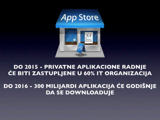 DO 2015 - PRIVATNE APLIKACIONE RADNJE
 ĆE BITI ZASTUPLJENE U 60% IT ORGANIZACIJA

DO 2016 - 300 MILIJARDI APLIKACIJA ĆE GODIŠNJE
              DA SE DOWNLOADUJE
 