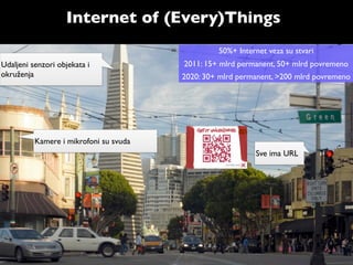 Internet of (Every)Things
                                                 50%+ Internet veza su stvari
Udaljeni senzori objekata i             2011: 15+ mlrd permanent, 50+ mlrd povremeno
okruženja                               2020: 30+ mlrd permanent, >200 mlrd povremeno




          Kamere i mikrofoni su svuda
                                                           Sve ima URL
 