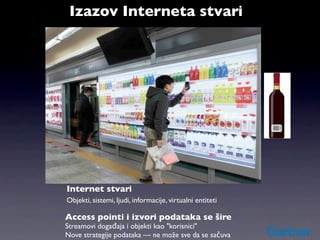 Izazov Interneta stvari




Internet stvari
Objekti, sistemi, ljudi, informacije, virtualni entiteti

Access pointi i izvori podataka se šire
Streamovi događaja i objekti kao "korisnici"
Nove strategije podataka — ne može sve da se sačuva
 