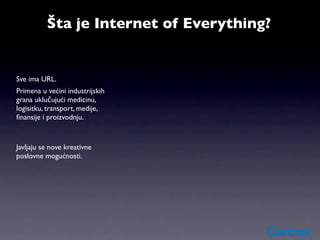 Šta je Internet of Everything?


Sve ima URL.
Primena u većini industrijskih
grana uklučujući medicinu,
logisitku, transport, medije,
ﬁnansije i proizvodnju.



Javljaju se nove kreativne
poslovne mogućnosti.
 