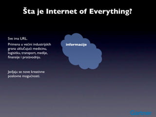 Šta je Internet of Everything?


Sve ima URL.
Primena u većini industrijskih   informacije
grana uklučujući medicinu,
logisitku, transport, medije,
ﬁnansije i proizvodnju.



Javljaju se nove kreativne
poslovne mogućnosti.
 