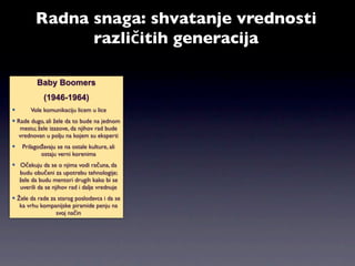 Radna snaga: shvatanje vrednosti
               različitih generacija

          Baby Boomers
             (1946-1964)
      Vole komunikaciju licem u lice
 Rade dugo, ali žele da to bude na jednom
   mestu; žele izazove, da njihov rad bude
  vrednovan u polju na kojem su eksperti
   Prilagođavaju se na ostale kulture, ali
           ostaju verni korenima
 Očekuju da se o njima vodi računa, da
  budu obučeni za upotrebu tehnologije;
  žele da budu mentori drugih kako bi se
  uverili da se njihov rad i dalje vrednuje
 Žele da rade za starog poslodavca i da se
   ka vrhu kompanijske piramide penju na
                 svoj način
 