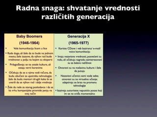 Radna snaga: shvatanje vrednosti
               različitih generacija

         Baby Boomers                                  Generacija X
            (1946-1964)                                 (1965-1977)
      Vole komunikaciju licem u lice        Koriste CDove i veb baziranu/ e-mail/
                                                       voice komunikaciju
 Rade dugo, ali žele da to bude na jednom
   mestu; žele izazove, da njihov rad bude  Imaju nezavisne vrednosti, posvećeni su
  vrednovan u polju na kojem su eksperti      radu, ali očekuju nagradu; zainteresovani
                                                         su za balans rad/život
 Prilagođavaju se na ostale kulture, ali
            ostaju verni korenima             Otvoreni su na mešavinu kulture i žele
                                                               da putuju
 Očekuju da se o njima vodi računa, da
   budu obučeni za upotrebu tehnologije;        Nezavisni učenici; sami vode sebe;
   žele da budu mentori drugih kako bi se         otvoreni su na virtuelno učenje;
   uverili da se njihov rad i dalje vrednuje      adaptiraju se brzo na promenu
                                                              tehnologije
 Žele da rade za starog poslodavca i da se
   ka vrhu kompanijske piramide penju na  Izazivaju autoritete; napustiće posao koji
                   svoj način                        im se ne sviđa momentalno
 
