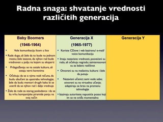 Radna snaga: shvatanje vrednosti
               različitih generacija

         Baby Boomers                                  Generacija X                       Generacija Y
            (1946-1964)                                 (1965-1977)
      Vole komunikaciju licem u lice        Koriste CDove i veb baziranu/ e-mail/
                                                       voice komunikaciju
 Rade dugo, ali žele da to bude na jednom
   mestu; žele izazove, da njihov rad bude  Imaju nezavisne vrednosti, posvećeni su
  vrednovan u polju na kojem su eksperti      radu, ali očekuju nagradu; zainteresovani
                                                         su za balans rad/život
 Prilagođavaju se na ostale kulture, ali
            ostaju verni korenima             Otvoreni su na mešavinu kulture i žele
                                                               da putuju
 Očekuju da se o njima vodi računa, da
   budu obučeni za upotrebu tehnologije;        Nezavisni učenici; sami vode sebe;
   žele da budu mentori drugih kako bi se         otvoreni su na virtuelno učenje;
   uverili da se njihov rad i dalje vrednuje      adaptiraju se brzo na promenu
                                                              tehnologije
 Žele da rade za starog poslodavca i da se
   ka vrhu kompanijske piramide penju na  Izazivaju autoritete; napustiće posao koji
                   svoj način                        im se ne sviđa momentalno
 