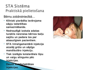 Bērnu zobārstniecībā…
   Klīniski pierādīta ievērojama
    sāpju iedarbības
    samazināšanās .
   Nedraudīgā izskata adatas
    tureklis neizraisa bērnos baiļu
    sajūtu un padara tos par
    atsaucīgiem pacientiem .
   STA Intraligamentārā injekcija
    aizstāj grūto un sāpīgo
    mandibulāro injekciju .
   Tiek izslēgts kolaterālais lūpu
    un vaigu stingums pēc
    injekcijas.
   Daudz komfortablākas
    injekcijas.
 