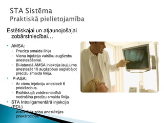 Estētiskajai un atjaunojošajai
 zobārstniecībai…
   AMSA:
    ◦ Precīza smaida līnija
    ◦ Viena injekcija vairāku augšzobu
      anestezēšanai.
    ◦ Bi-lateralā AMSA injekcija ļauj jums
      anestezēt 10 augšzobus saglabājot
      precīzu smaida līniju.
   P-ASA:
    ◦ Ar vienu injekciju anestezē 6
      priekšzobus.
    ◦ Estētiskajā zobārstniecībā
      nodrošina precīzu smaida līniju.
   STA Intraligamentārā injekcija
    (PDL)
    ◦ Atsevišķla zoba anestēzijas
      priekšrocības
 
