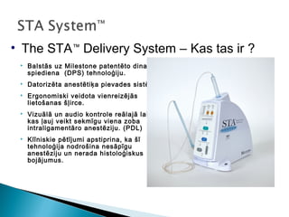 • The STA™ Delivery System – Kas tas ir ?
    Balstās uz Milestone patentēto dinamiskā
     spiediena (DPS) tehnoloģiju.
    Datorizēta anestētiķa pievades sistēma.
    Ergonomiski veidota vienreizējās
     lietošanas šļirce.
    Vizuālā un audio kontrole reālajā laikā,
     kas ļauj veikt sekmīgu viena zoba
     intraligamentāro anestēziju. (PDL)
    Klīniskie pētījumi apstiprina, ka šī
     tehnoloģija nodrošina nesāpīgu
     anestēziju un nerada histoloģiskus
     bojājumus.
 