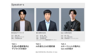 Talk 1.
生成AIの最新動向と
デジライズの紹介
Talk 3.
AIの進化とSXの最前線
Talk 2.
AIエージェントの動向と
Gen-AXの紹介
※SX：サステナビリティ・トランスフォーメーション
 