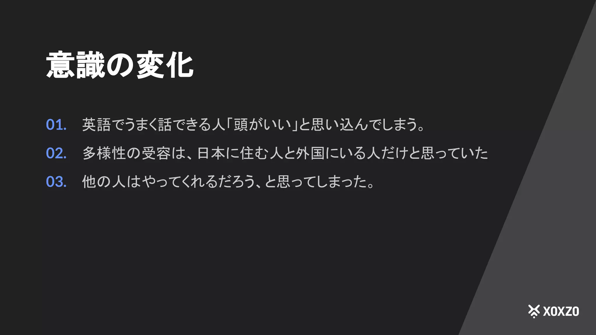 意識の変化
01. 英語でうまく話できる人「頭がいい」と思い込んでしまう。
02. 多様性の受容は、日本に住む人と外国にいる人だけと思っていた
03. 他の人はやってくれるだろう、と思ってしまった。
 
