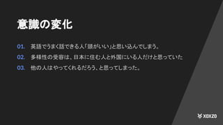 意識の変化
01. 英語でうまく話できる人「頭がいい」と思い込んでしまう。
02. 多様性の受容は、日本に住む人と外国にいる人だけと思っていた
03. 他の人はやってくれるだろう、と思ってしまった。
 