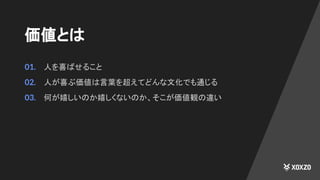 価値とは
01. 人を喜ばせること
02. 人が喜ぶ価値は言葉を超えてどんな文化でも通じる
03. 何が嬉しいのか嬉しくないのか、そこが価値観の違い
 