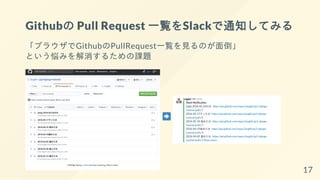 Githubの Pull Request 一覧をSlackで通知してみる
「ブラウザでGithubのPullRequest一覧を見るのが面倒」
という悩みを解消するための課題
17
 