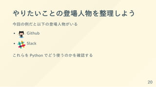 やりたいことの登場人物を整理しよう
今回の例だと以下の登場人物がいる
Github
Slack
これらを Python でどう使うのかを確認する
20
 