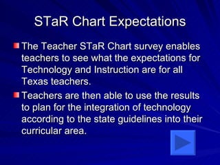 STaR Chart Expectations The Teacher STaR Chart survey enables teachers to see what the expectations for Technology and Instruction are for all Texas teachers. Teachers are then able to use the results to plan for the integration of technology according to the state guidelines into their curricular area.  