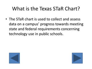 What is the Texas STaR Chart?The STaR chart is used to collect and assess data on a campus’ progress towards meeting state and federal requirements concerning technology use in public schools.   