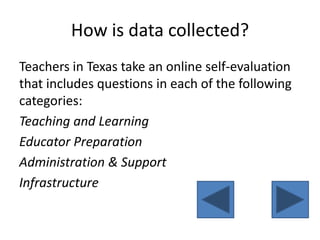 How is data collected?Teachers in Texas take an online self-evaluation that includes questions in each of the following categories:Teaching and LearningEducator PreparationAdministration & SupportInfrastructure 