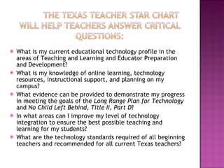 What is my current educational technology profile in the areas of Teaching and Learning and Educator Preparation and Development?  What is my knowledge of online learning, technology resources, instructional support, and planning on my campus?  What evidence can be provided to demonstrate my progress in meeting the goals of the  Long Range Plan for Technology  and  No Child Left Behind, Title II, Part D ?  In what areas can I improve my level of technology integration to ensure the best possible teaching and learning for my students?  What are the technology standards required of all beginning teachers and recommended for all current Texas teachers?  