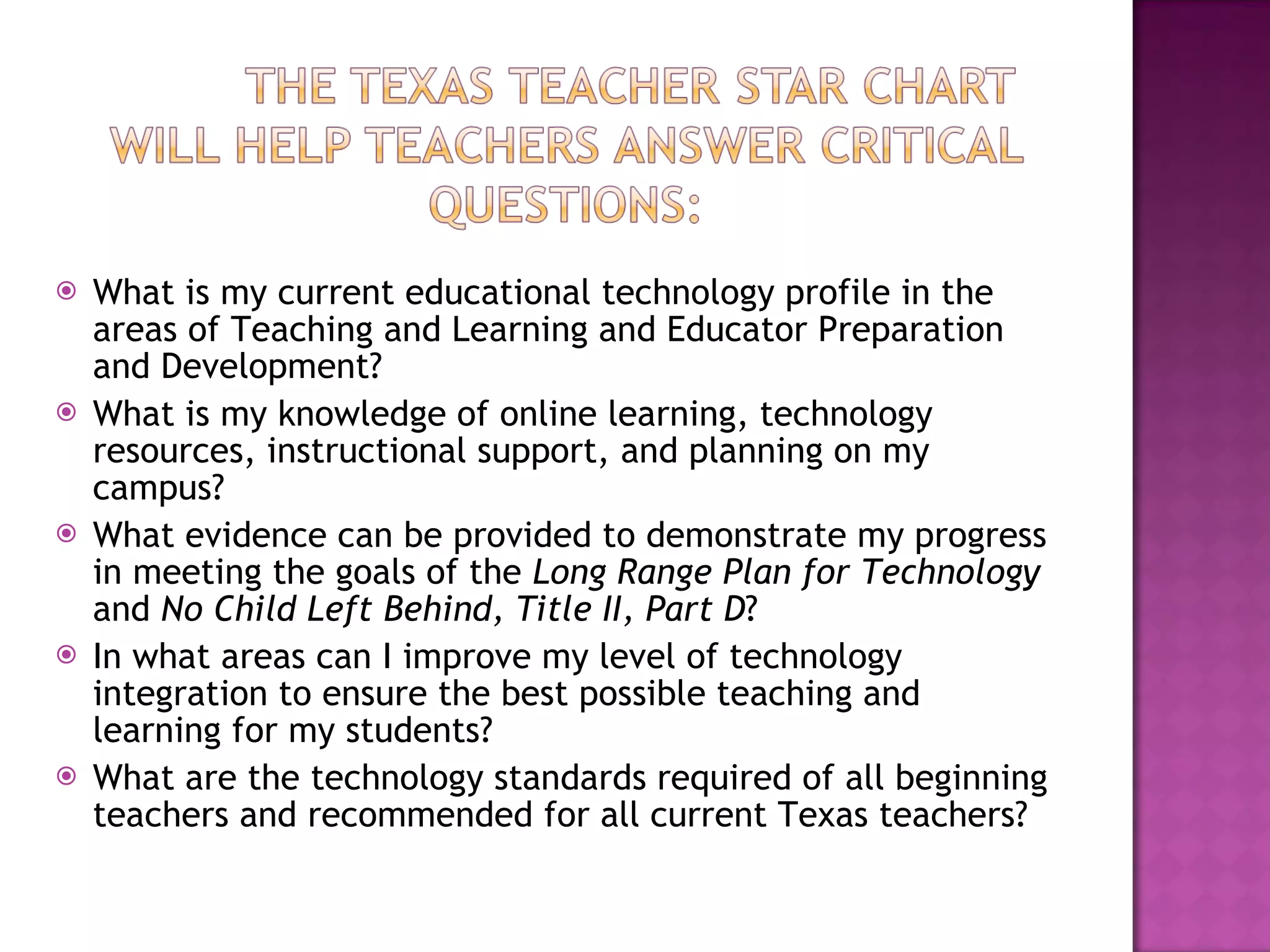 What is my current educational technology profile in the areas of Teaching and Learning and Educator Preparation and Development?  What is my knowledge of online learning, technology resources, instructional support, and planning on my campus?  What evidence can be provided to demonstrate my progress in meeting the goals of the  Long Range Plan for Technology  and  No Child Left Behind, Title II, Part D ?  In what areas can I improve my level of technology integration to ensure the best possible teaching and learning for my students?  What are the technology standards required of all beginning teachers and recommended for all current Texas teachers?  