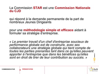 La Commission STAR est une Commission Nationale
        du CJD

        qui répond à la demande permanente de la part de
        nombreux Jeunes Dirigeants

        pour une méthodologie simple et efficace aidant à
        formuler sa stratégie d’entreprise.

        « Le premier travail d'un chef d'entreprise soucieux de 
        performance globale est de construire, avec ses 
        collaborateurs une stratégie globale qui tient compte de 
        toutes les parties prenantes tant dans ce qu'elles peuvent 
        apporter à l'entreprise que dans les bénéfices qu'elles 
        sont en droit de tirer de leur contribution au succès. »


COMMISSION STAR   PRÉSENTATION
 