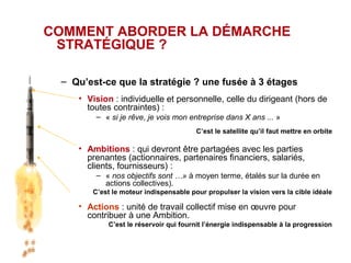 COMMENT ABORDER LA DÉMARCHE
 STRATÉGIQUE ?

 – Qu’est-ce que la stratégie ? une fusée à 3 étages
    • Vision : individuelle et personnelle, celle du dirigeant (hors de
      toutes contraintes) :
        – « si je rêve, je vois mon entreprise dans X ans ... »
                                       C’est le satellite qu’il faut mettre en orbite

    • Ambitions : qui devront être partagées avec les parties
      prenantes (actionnaires, partenaires financiers, salariés,
      clients, fournisseurs) :
        – « nos objectifs sont …» à moyen terme, étalés sur la durée en
          actions collectives).
       C’est le moteur indispensable pour propulser la vision vers la cible idéale

    • Actions : unité de travail collectif mise en œuvre pour
      contribuer à une Ambition.
            C’est le réservoir qui fournit l’énergie indispensable à la progression
 